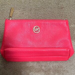 Michael Kors Hot Pink Pebbled Leather Cosmetic Case with Gold MK Logo